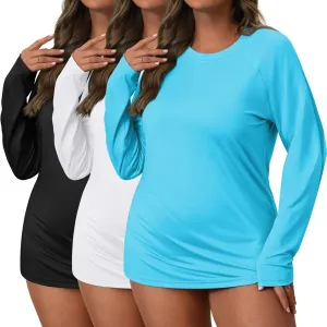 3 Pack Women's Plus Size Rash Guard Shirts Long Sleeve Swim Tops Sun Protection Quick Dry Loose Crew Neck Swimsuits