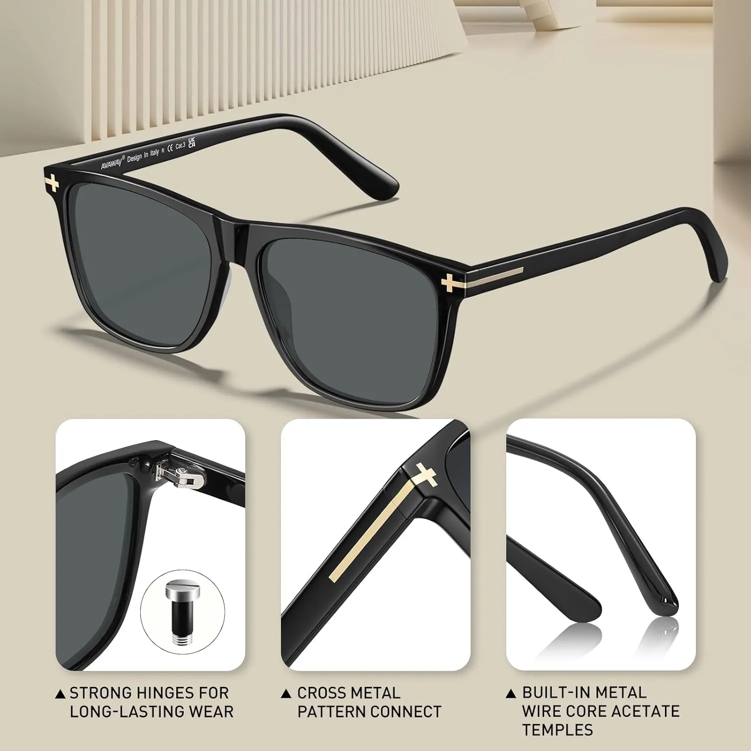 AVAWAY Square Polarized Sunglasses for Men - UV400 Protection Retro Fashion Acetate Driving Shades