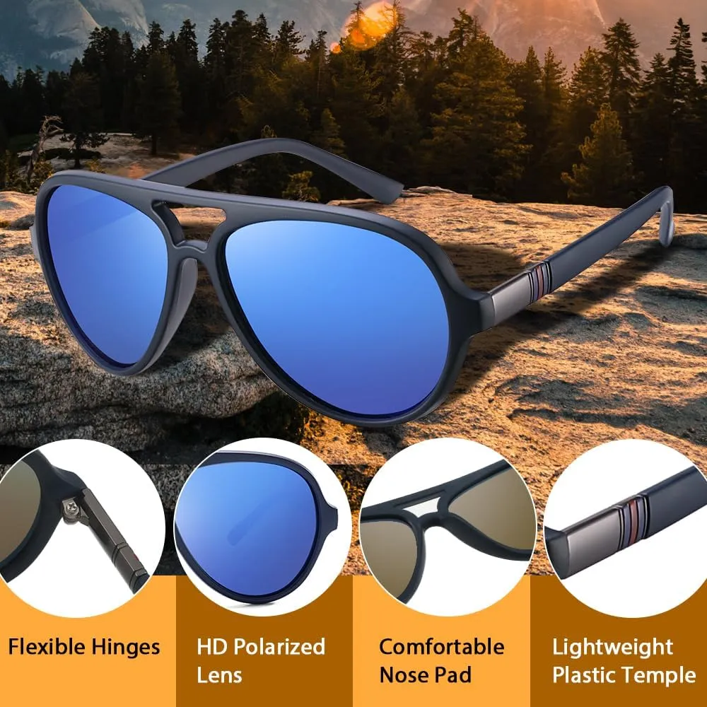 Aviator Sunglasses For Men Polarized Lens Plastic Lightweight Double Bridge Frame UV Protection For Driving Blue Frame/Blue Revo Lens