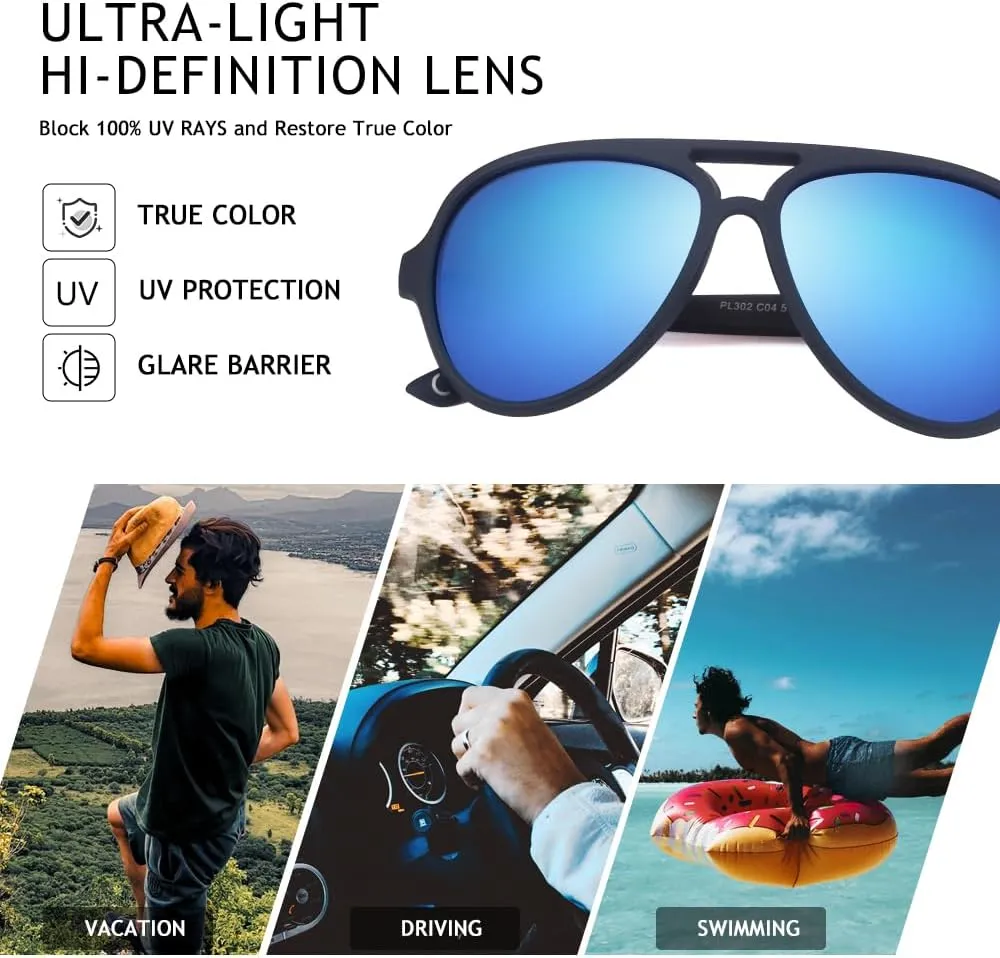 Aviator Sunglasses For Men Polarized Lens Plastic Lightweight Double Bridge Frame UV Protection For Driving Blue Frame/Blue Revo Lens