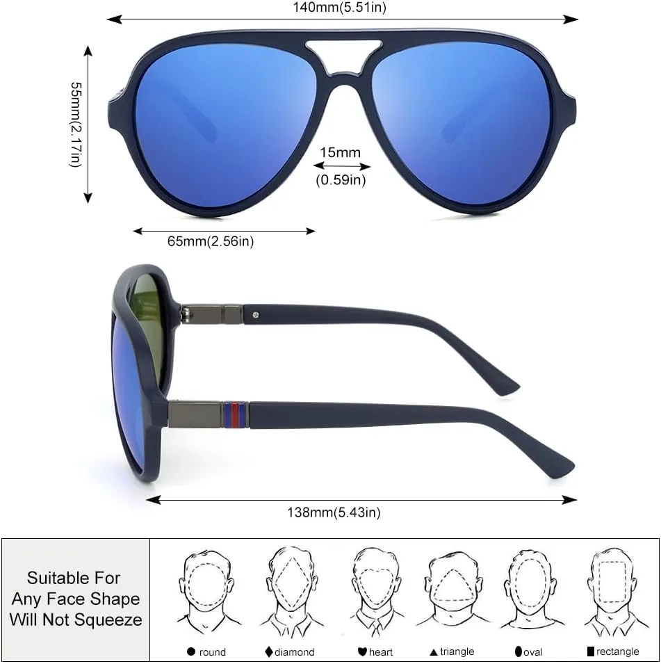 Aviator Sunglasses For Men Polarized Lens Plastic Lightweight Double Bridge Frame UV Protection For Driving Blue Frame/Blue Revo Lens