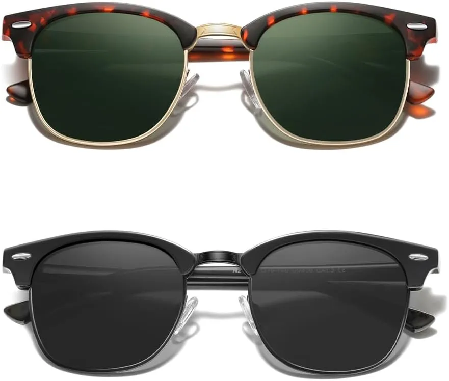 Carefully Men Classic Polarized Sunglasses Semi Rimless Frame Women's UV400 Protective Eyewear 2PCS