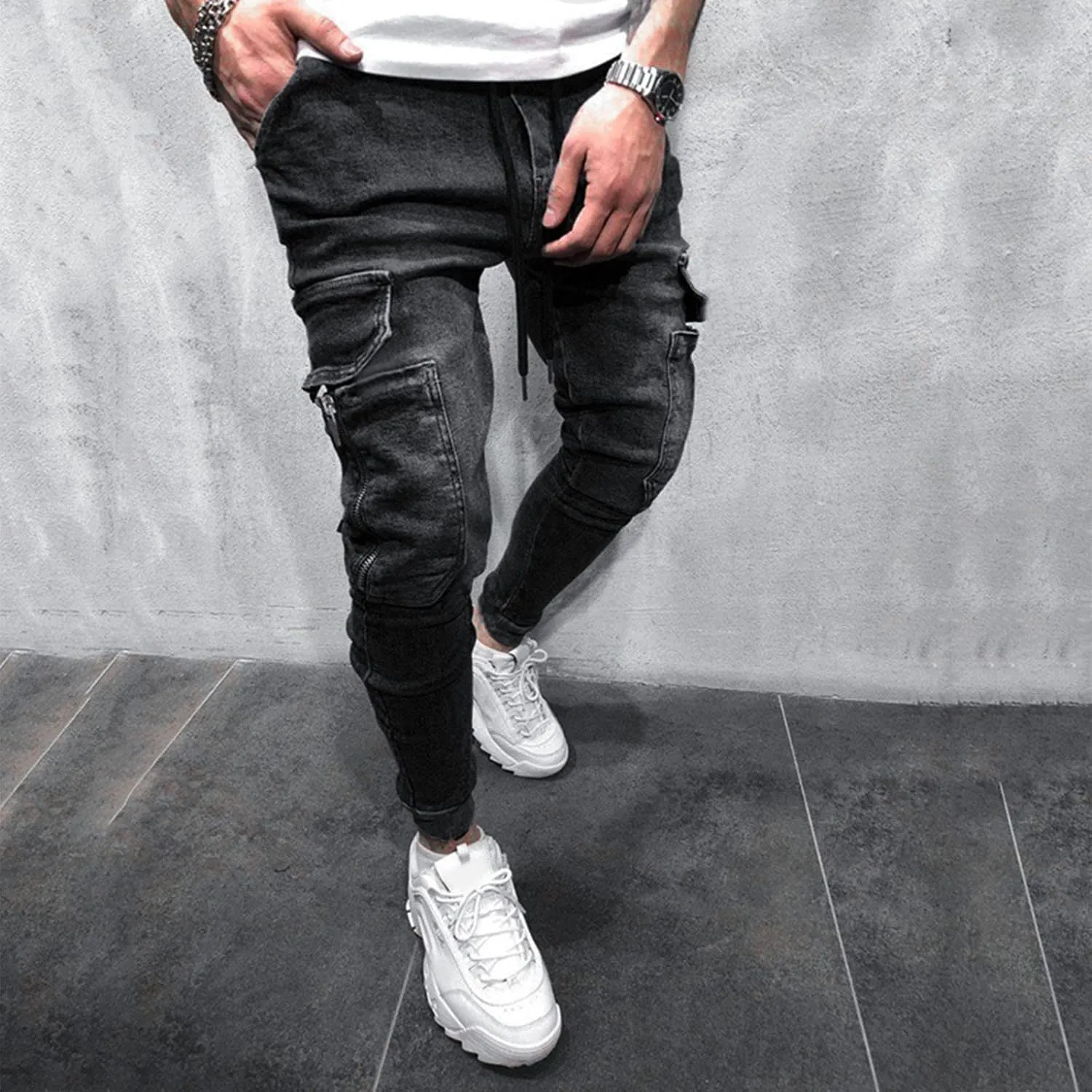 Cargo Jeans for Men Relaxed Fit Casual Comfort Flex Waist Denim Pants Straight Leg Fashion Skinny Jeans Trousers