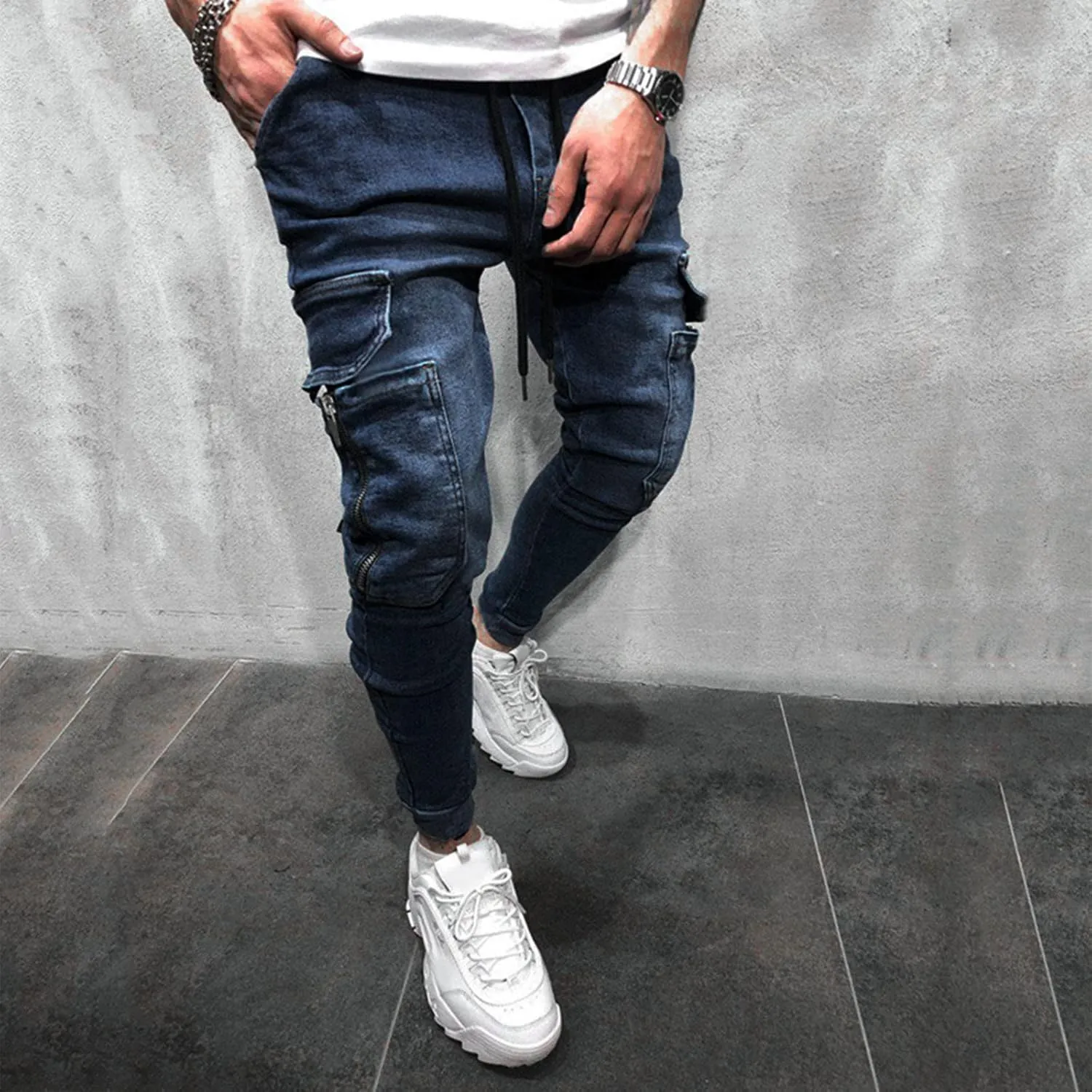 Cargo Jeans for Men Relaxed Fit Casual Comfort Flex Waist Denim Pants Straight Leg Fashion Skinny Jeans Trousers