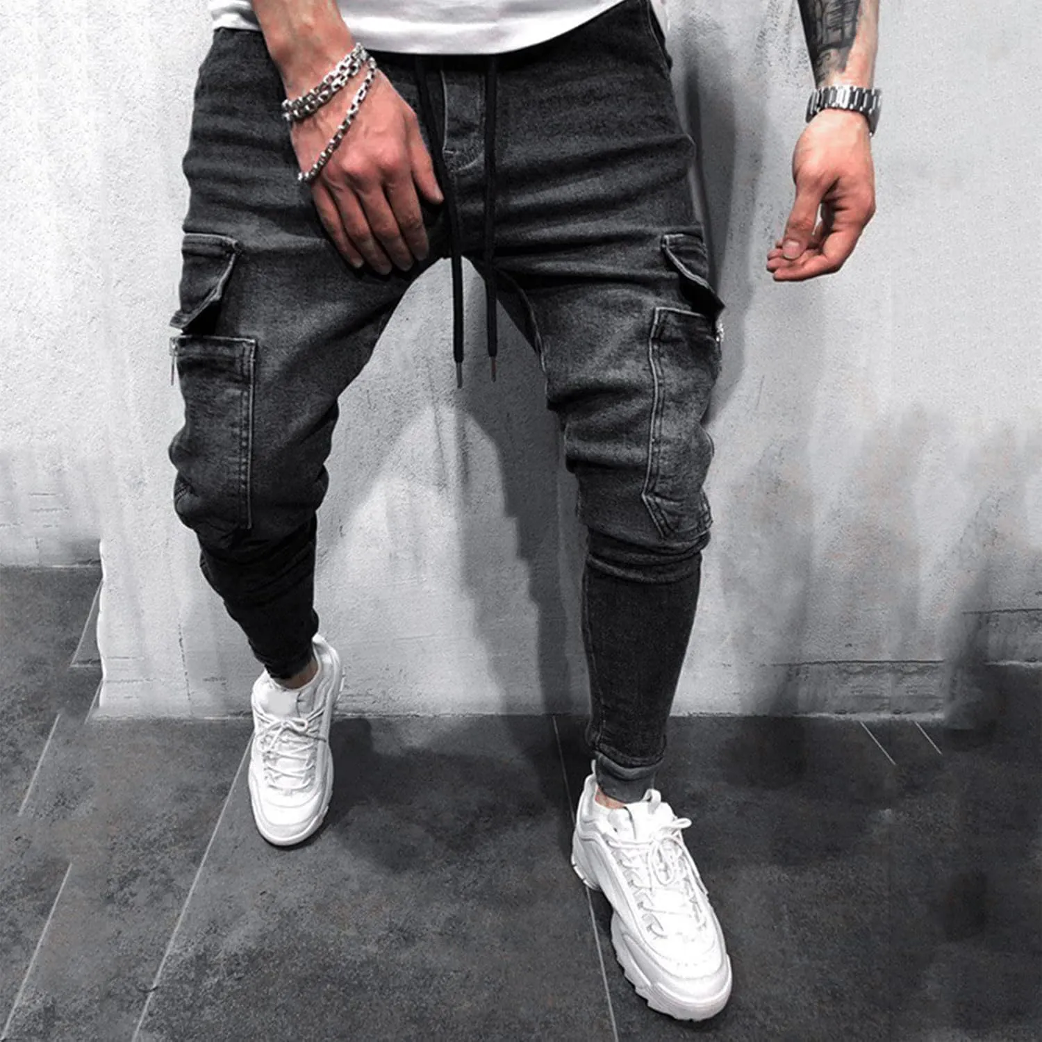Cargo Jeans for Men Relaxed Fit Casual Comfort Flex Waist Denim Pants Straight Leg Fashion Skinny Jeans Trousers