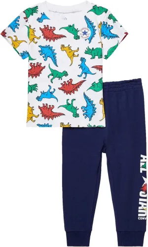 Converse Boy's Dino Short Sleeve Tee   French Terry Joggers Set (Little Kids) Midnight Navy 6 Little Kid
