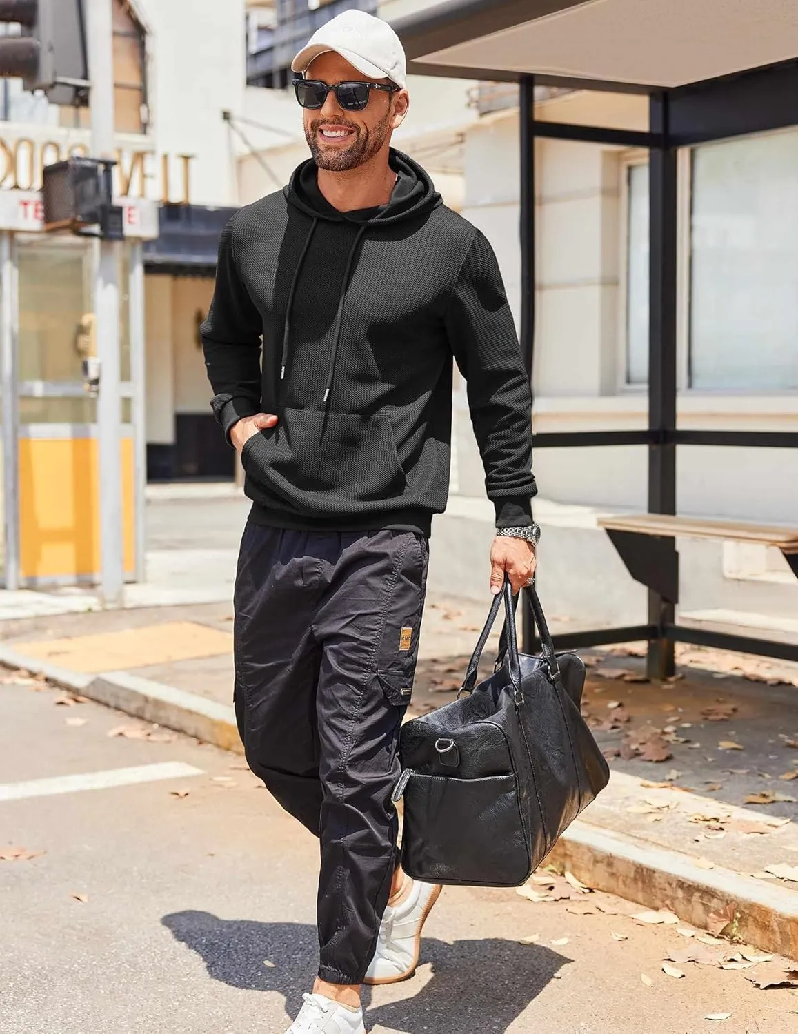 COOFANDY Men's Hooded Sweatshirts Long Sleeve Casual Waffle Knit Pullover Hoodies with Kanga Pocket