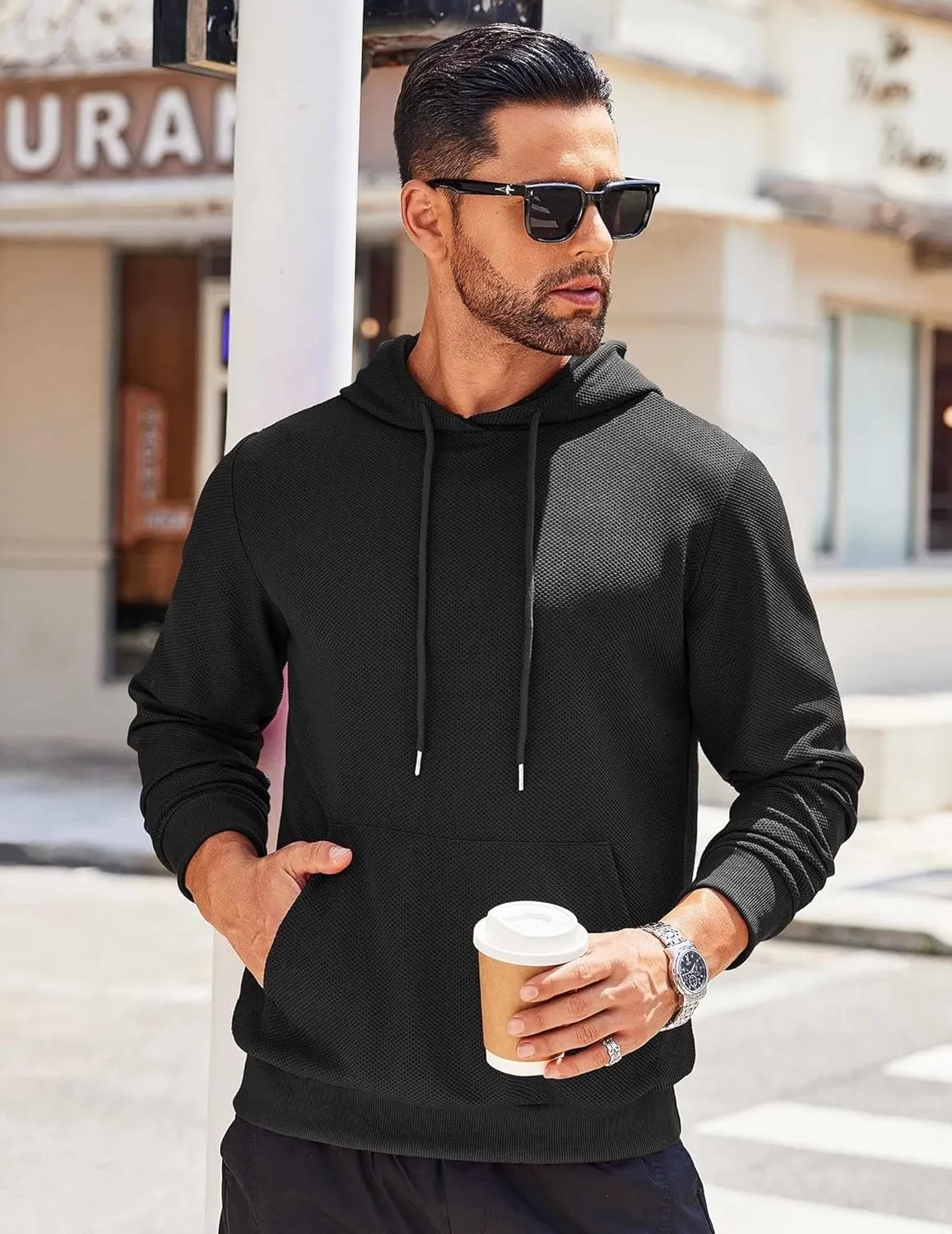 COOFANDY Men's Hooded Sweatshirts Long Sleeve Casual Waffle Knit Pullover Hoodies with Kanga Pocket