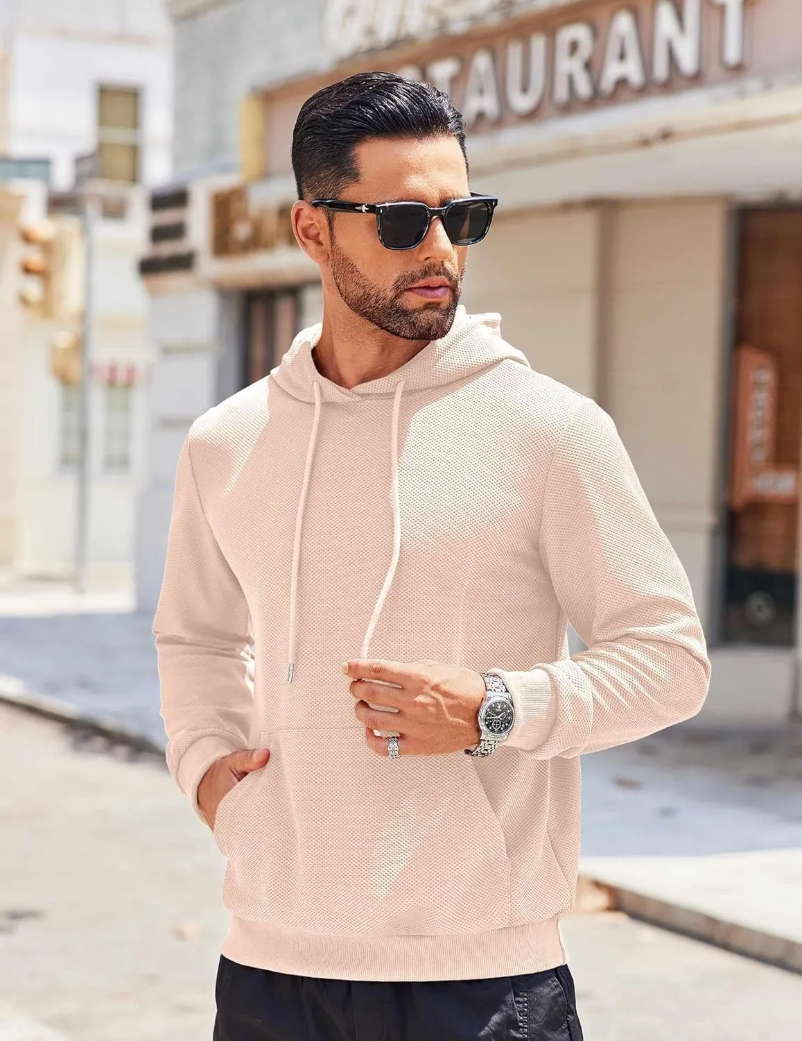 COOFANDY Men's Hooded Sweatshirts Long Sleeve Casual Waffle Knit Pullover Hoodies with Kanga Pocket