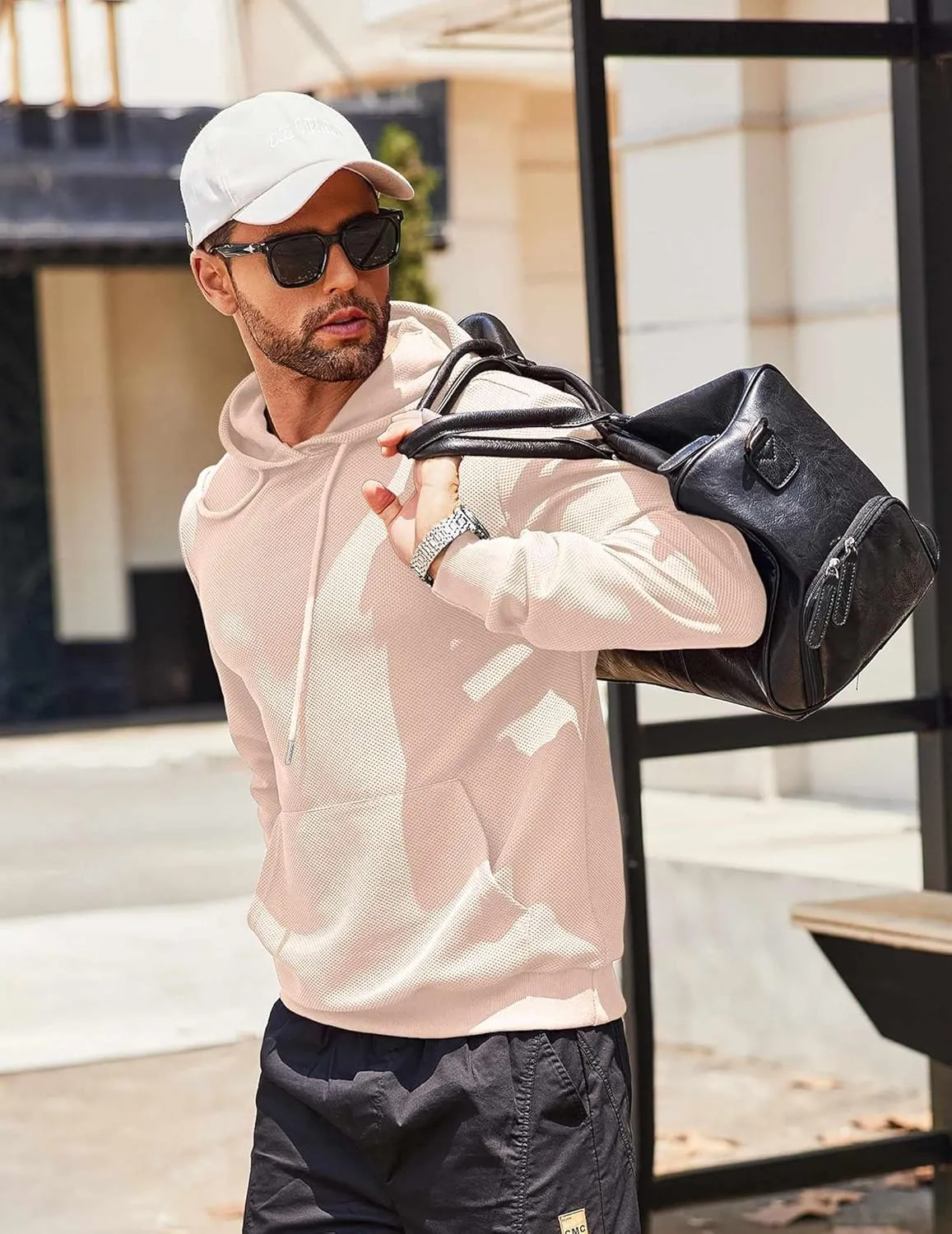 COOFANDY Men's Hooded Sweatshirts Long Sleeve Casual Waffle Knit Pullover Hoodies with Kanga Pocket