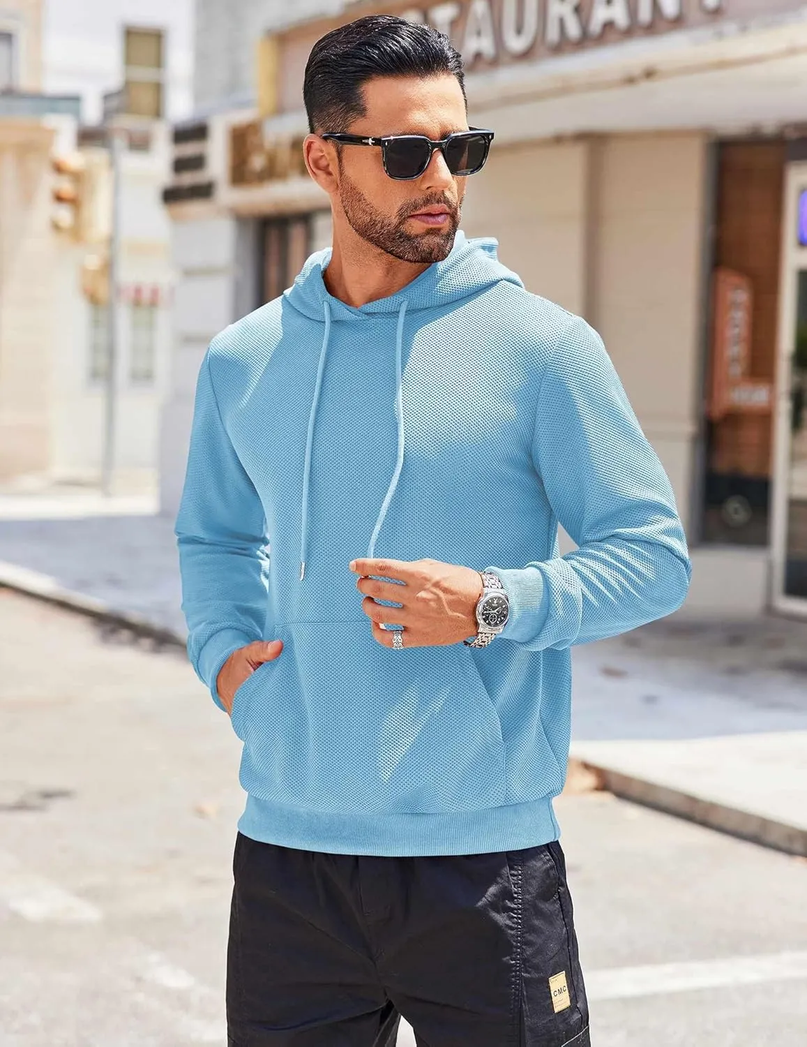 COOFANDY Men's Hooded Sweatshirts Long Sleeve Casual Waffle Knit Pullover Hoodies with Kanga Pocket