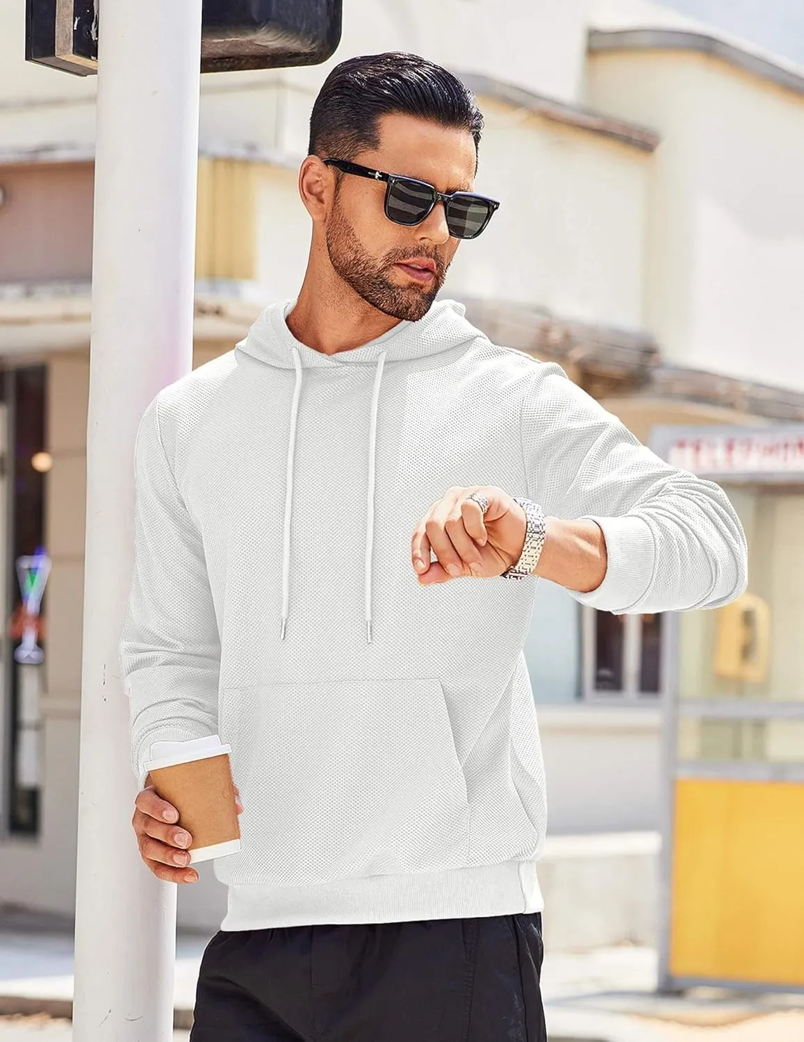 COOFANDY Men's Hooded Sweatshirts Long Sleeve Casual Waffle Knit Pullover Hoodies with Kanga Pocket
