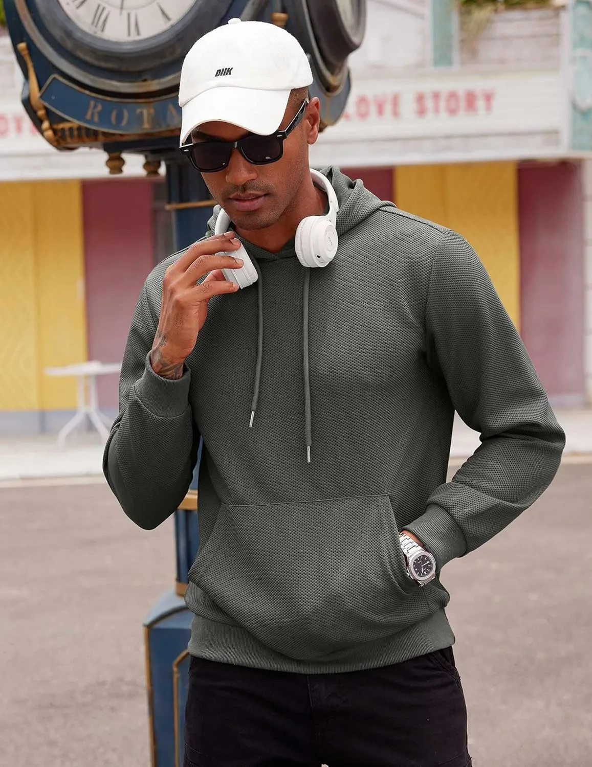 COOFANDY Men's Hooded Sweatshirts Long Sleeve Casual Waffle Knit Pullover Hoodies with Kanga Pocket