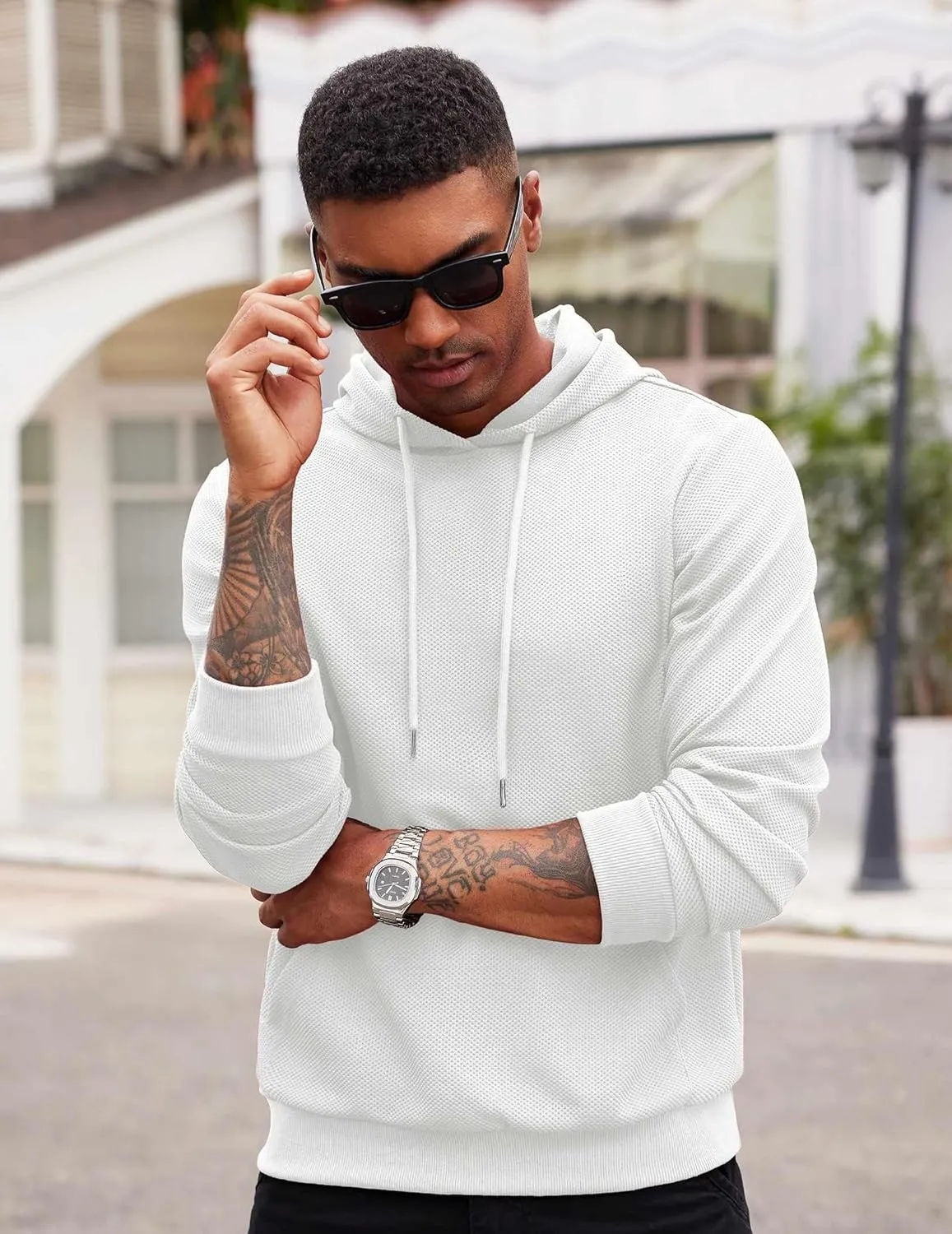 COOFANDY Men's Hooded Sweatshirts Long Sleeve Casual Waffle Knit Pullover Hoodies with Kanga Pocket
