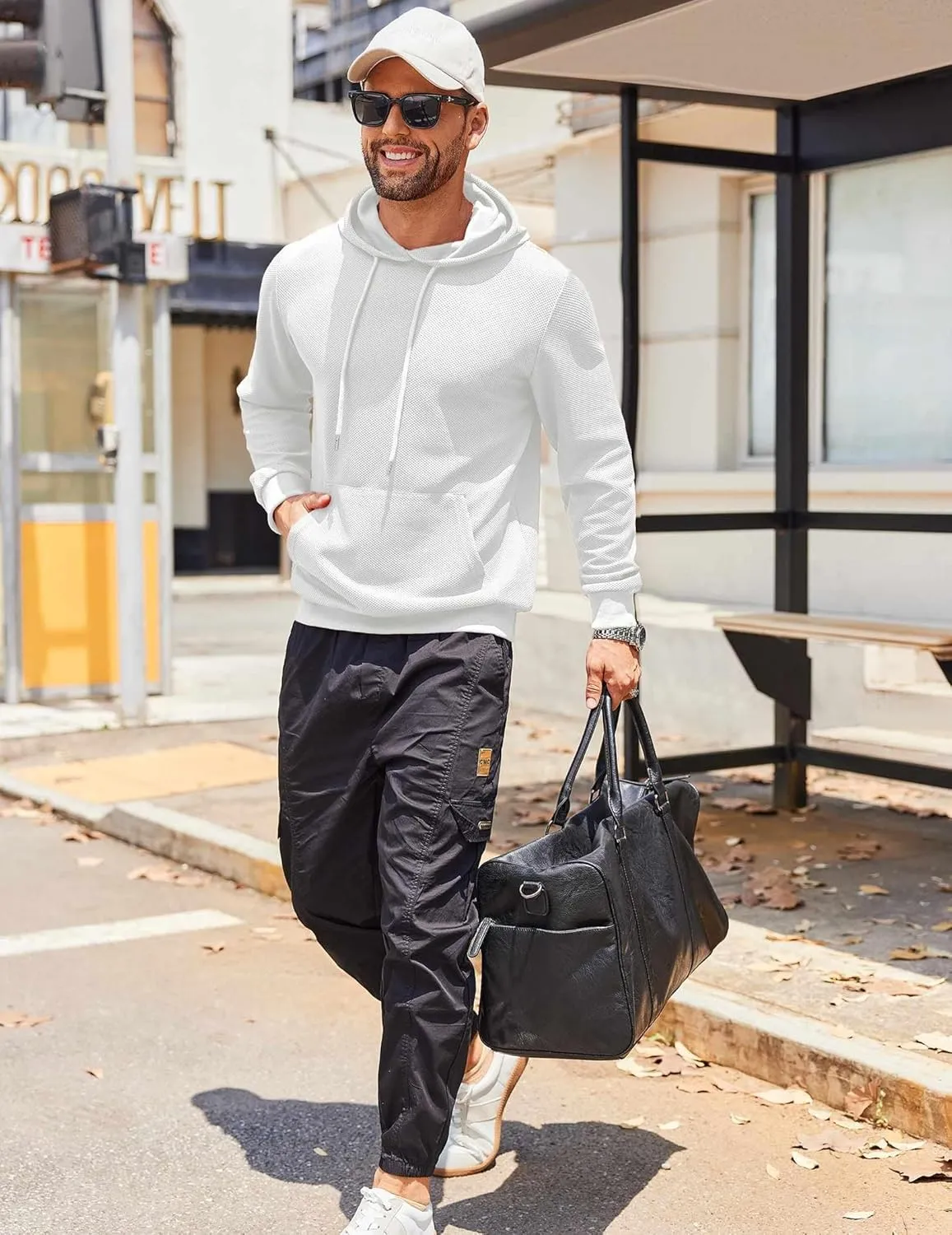 COOFANDY Men's Hooded Sweatshirts Long Sleeve Casual Waffle Knit Pullover Hoodies with Kanga Pocket