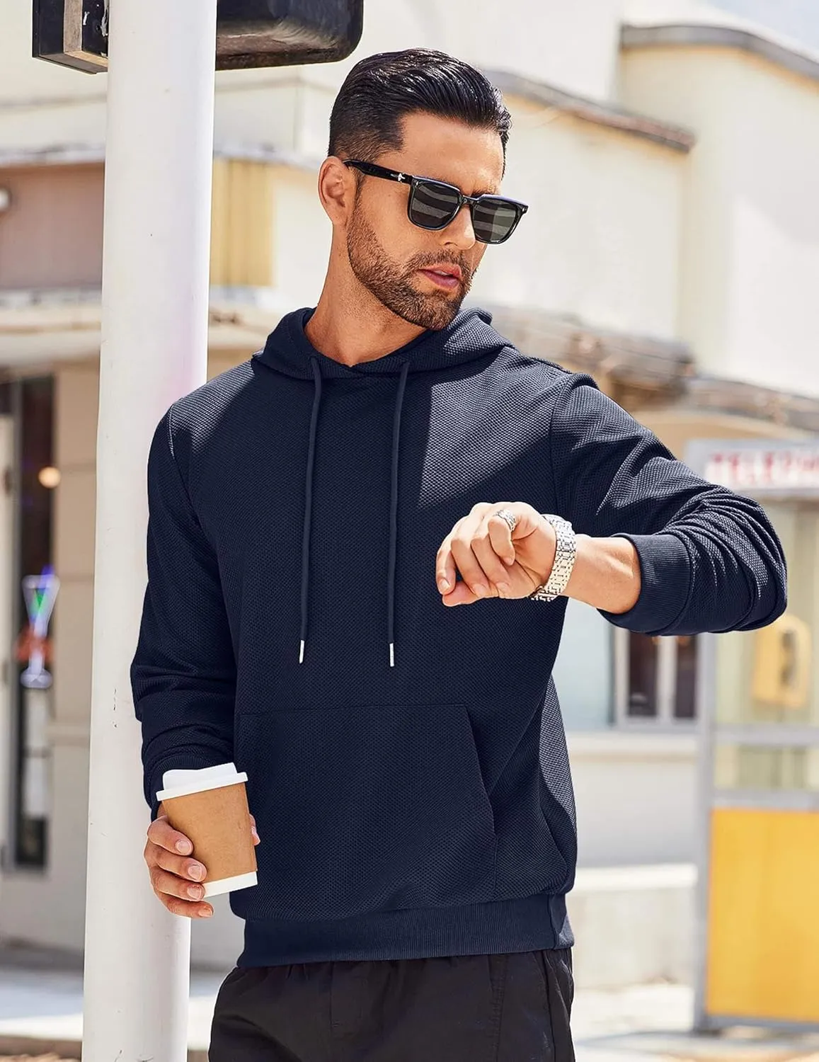 COOFANDY Men's Hooded Sweatshirts Long Sleeve Casual Waffle Knit Pullover Hoodies with Kanga Pocket