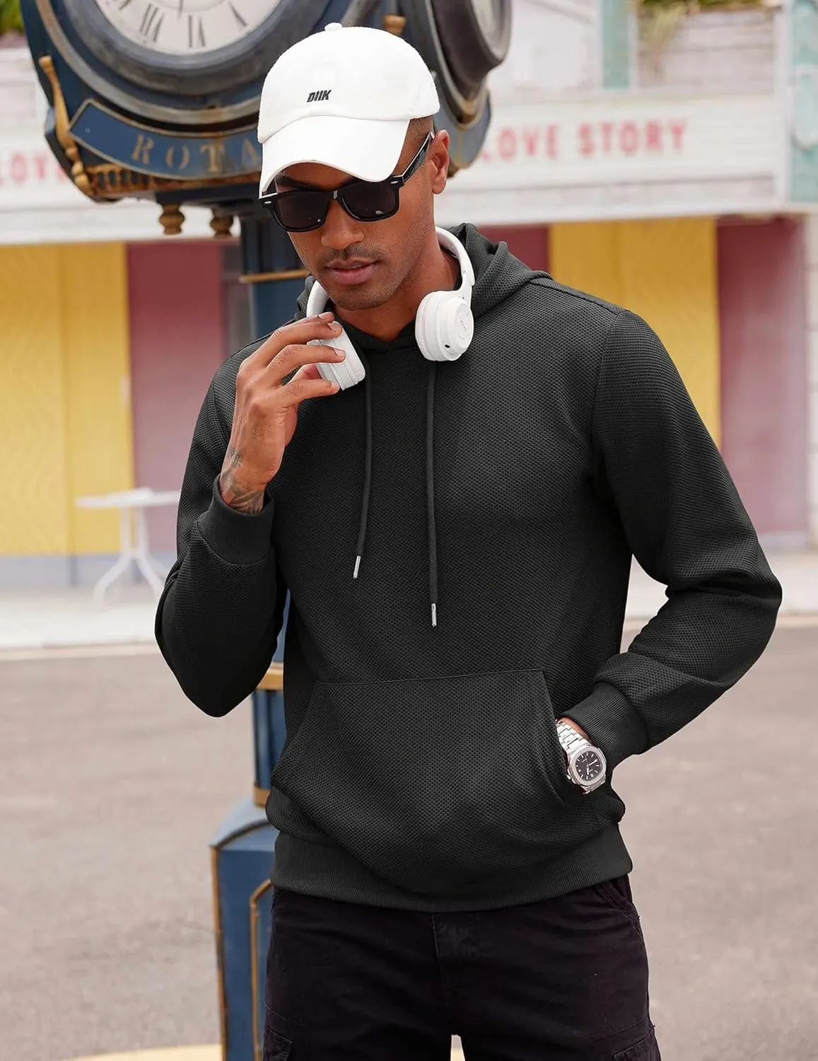 COOFANDY Men's Hooded Sweatshirts Long Sleeve Casual Waffle Knit Pullover Hoodies with Kanga Pocket