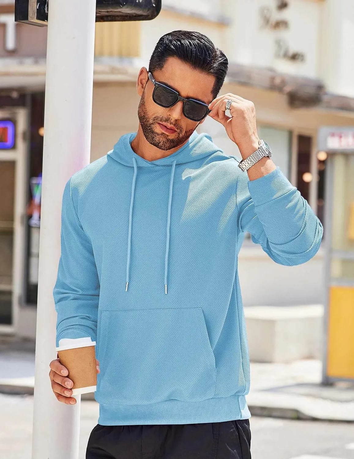 COOFANDY Men's Hooded Sweatshirts Long Sleeve Casual Waffle Knit Pullover Hoodies with Kanga Pocket