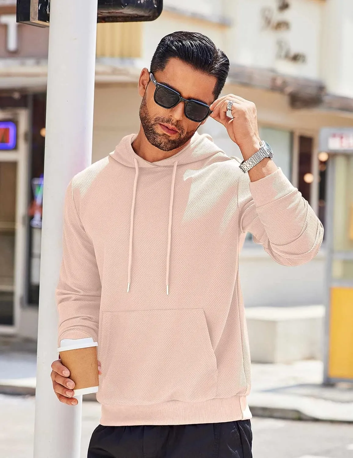 COOFANDY Men's Hooded Sweatshirts Long Sleeve Casual Waffle Knit Pullover Hoodies with Kanga Pocket