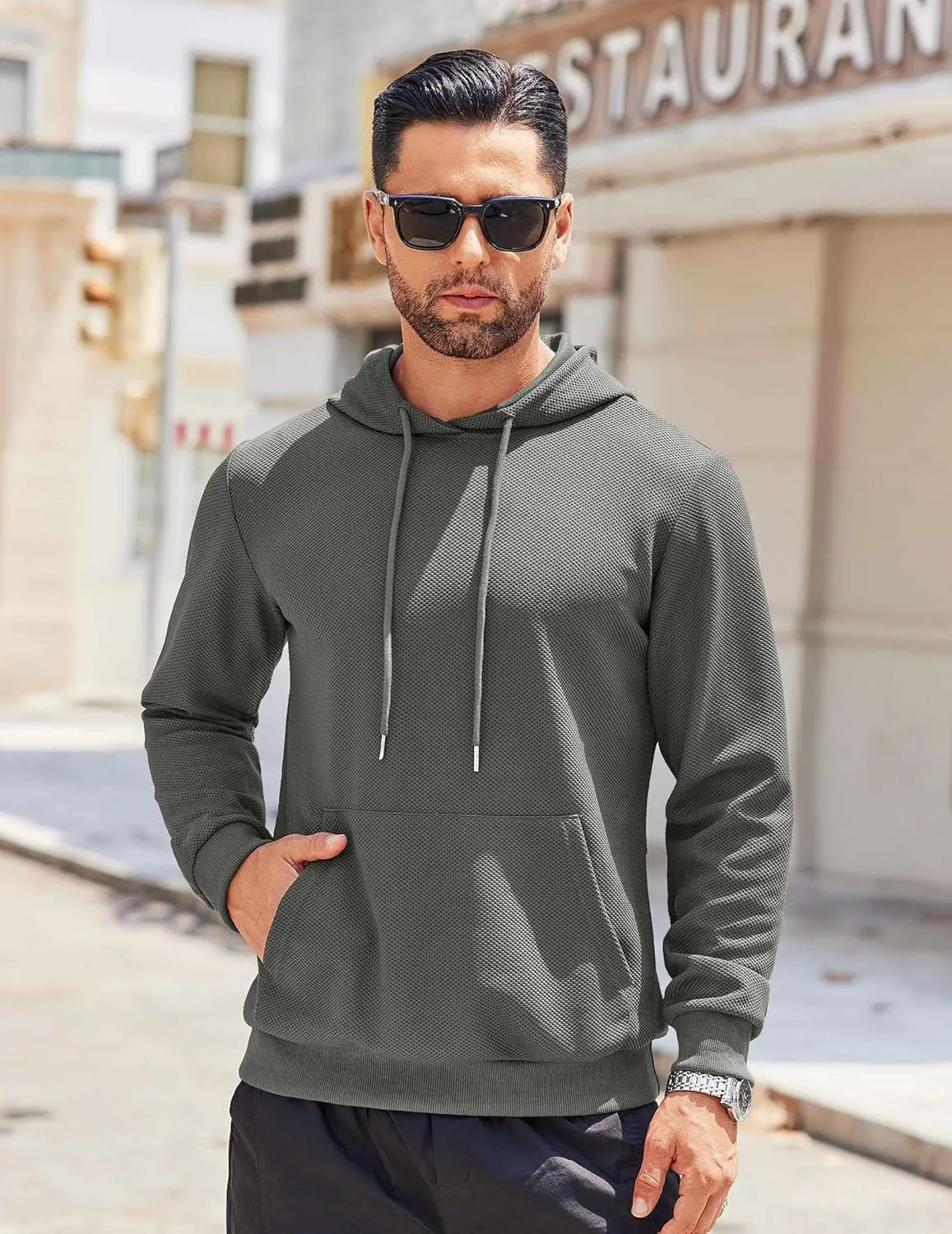 COOFANDY Men's Hooded Sweatshirts Long Sleeve Casual Waffle Knit Pullover Hoodies with Kanga Pocket