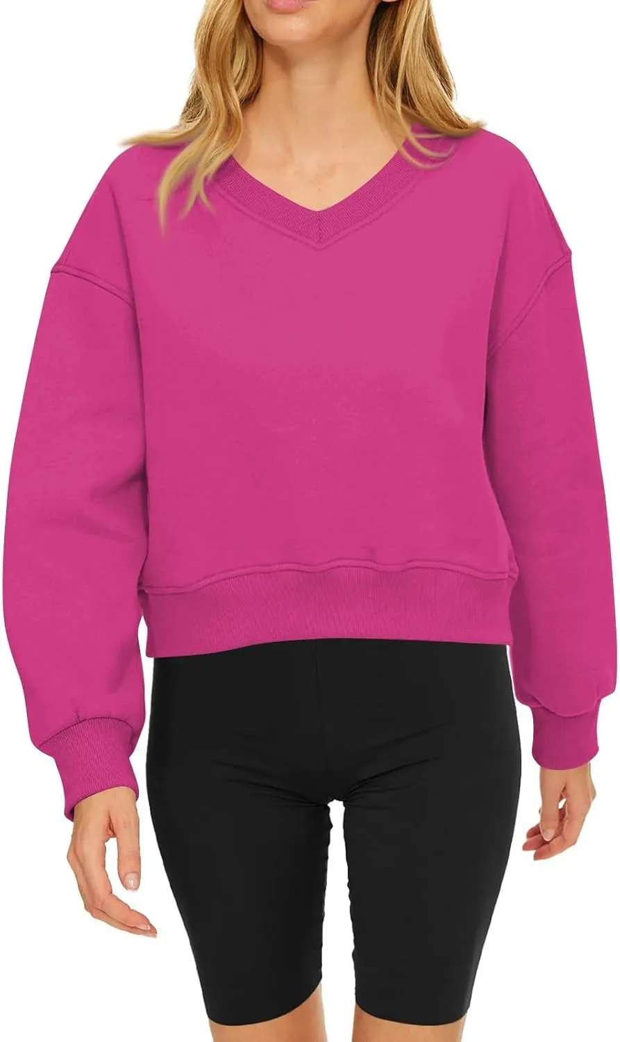 Cropped Sweatshirts for Women V Neck Workout Sweatshirt Fleece Lightweight Sweatshirts Long Sleeve Batwing Tops