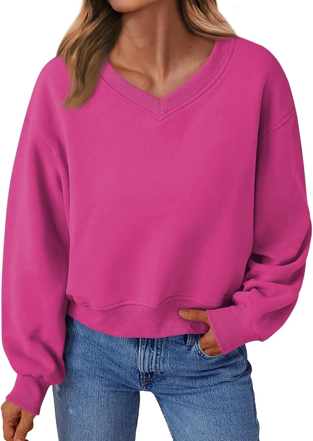Cropped Sweatshirts for Women V Neck Workout Sweatshirt Fleece Lightweight Sweatshirts Long Sleeve Batwing Tops