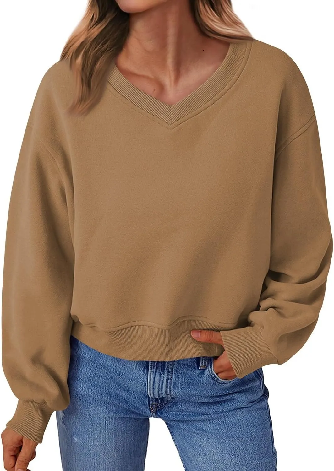 Cropped Sweatshirts for Women V Neck Workout Sweatshirt Fleece Lightweight Sweatshirts Long Sleeve Batwing Tops