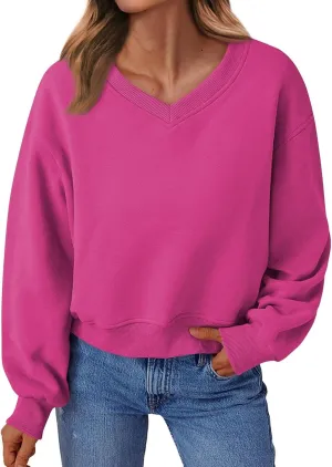 Cropped Sweatshirts for Women V Neck Workout Sweatshirt Fleece Lightweight Sweatshirts Long Sleeve Batwing Tops