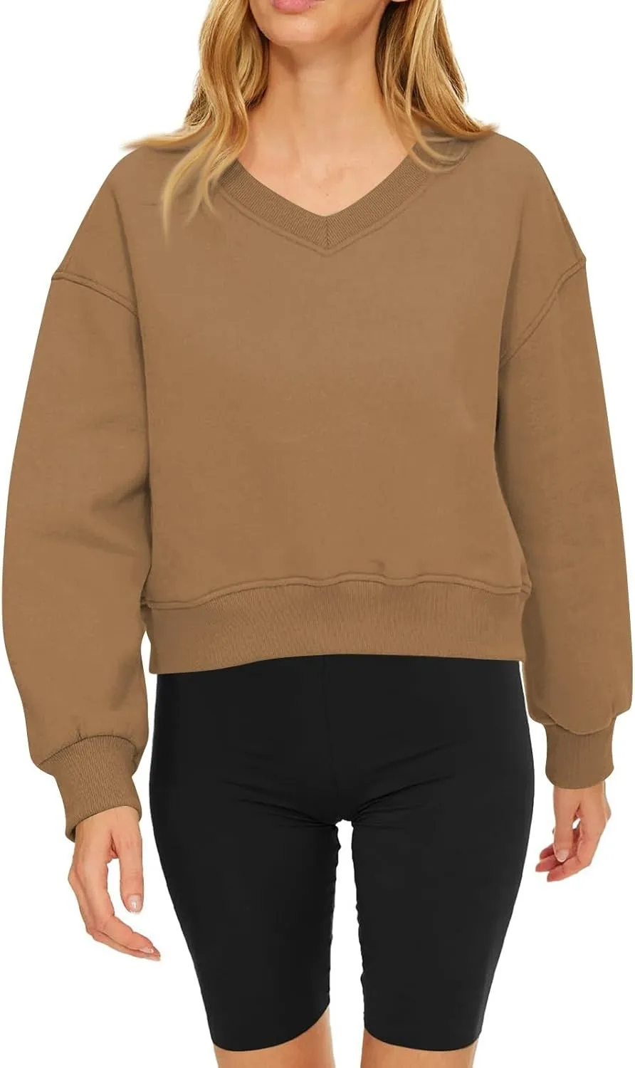 Cropped Sweatshirts for Women V Neck Workout Sweatshirt Fleece Lightweight Sweatshirts Long Sleeve Batwing Tops