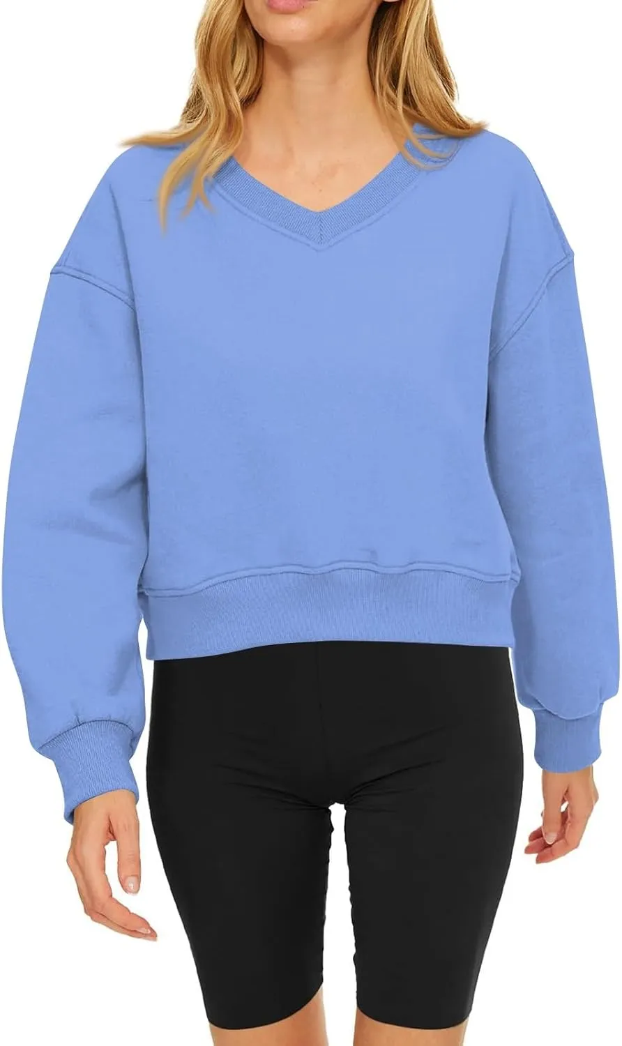 Cropped Sweatshirts for Women V Neck Workout Sweatshirt Fleece Lightweight Sweatshirts Long Sleeve Batwing Tops