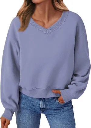 Cropped Sweatshirts for Women V Neck Workout Sweatshirt Fleece Lightweight Sweatshirts Long Sleeve Batwing Tops