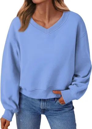 Cropped Sweatshirts for Women V Neck Workout Sweatshirt Fleece Lightweight Sweatshirts Long Sleeve Batwing Tops