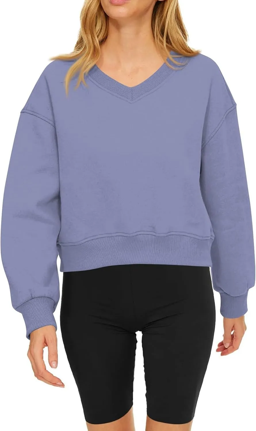 Cropped Sweatshirts for Women V Neck Workout Sweatshirt Fleece Lightweight Sweatshirts Long Sleeve Batwing Tops
