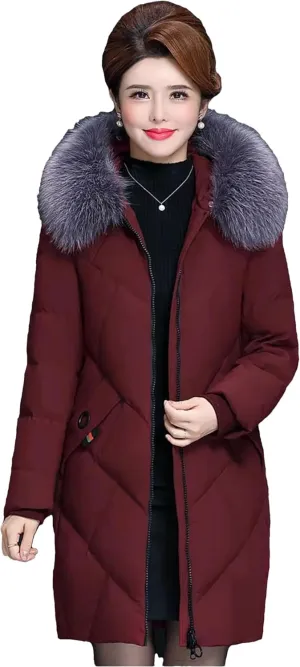 Dcvmvmn Women's Down Cotton Jacket Loose Casual Hooded Puffer Overwear Large Size Cotton Coat Wine Red