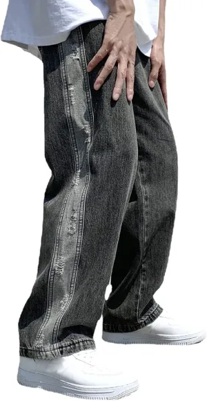 Denim Jeans for Men Relaxed Fit Straight Wide Leg Denim Pants Distressed Washed Jeans Hip Hop Trousers Streetwear