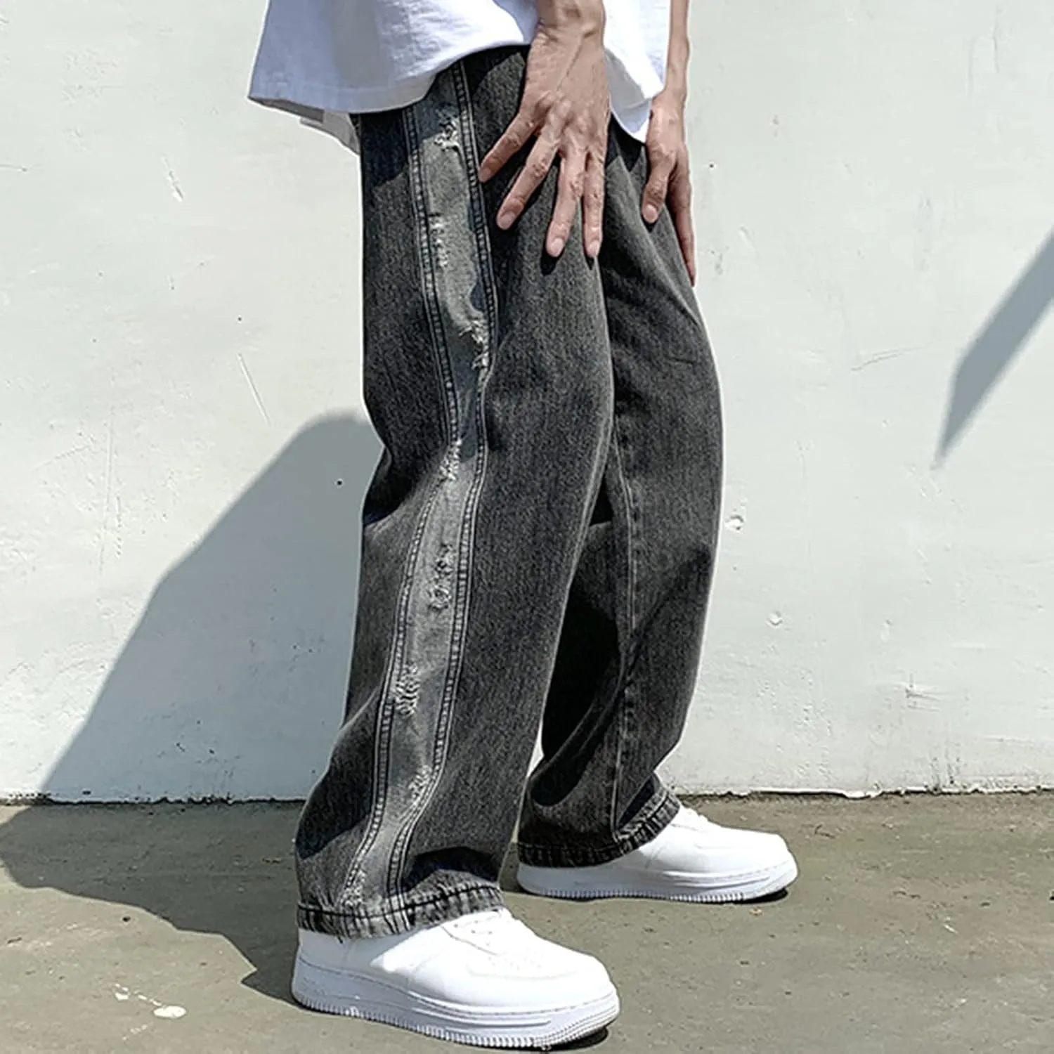 Denim Jeans for Men Relaxed Fit Straight Wide Leg Denim Pants Distressed Washed Jeans Hip Hop Trousers Streetwear
