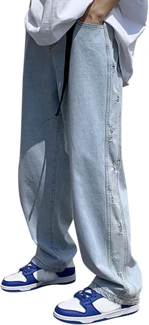 Denim Jeans for Men Relaxed Fit Straight Wide Leg Denim Pants Distressed Washed Jeans Hip Hop Trousers Streetwear