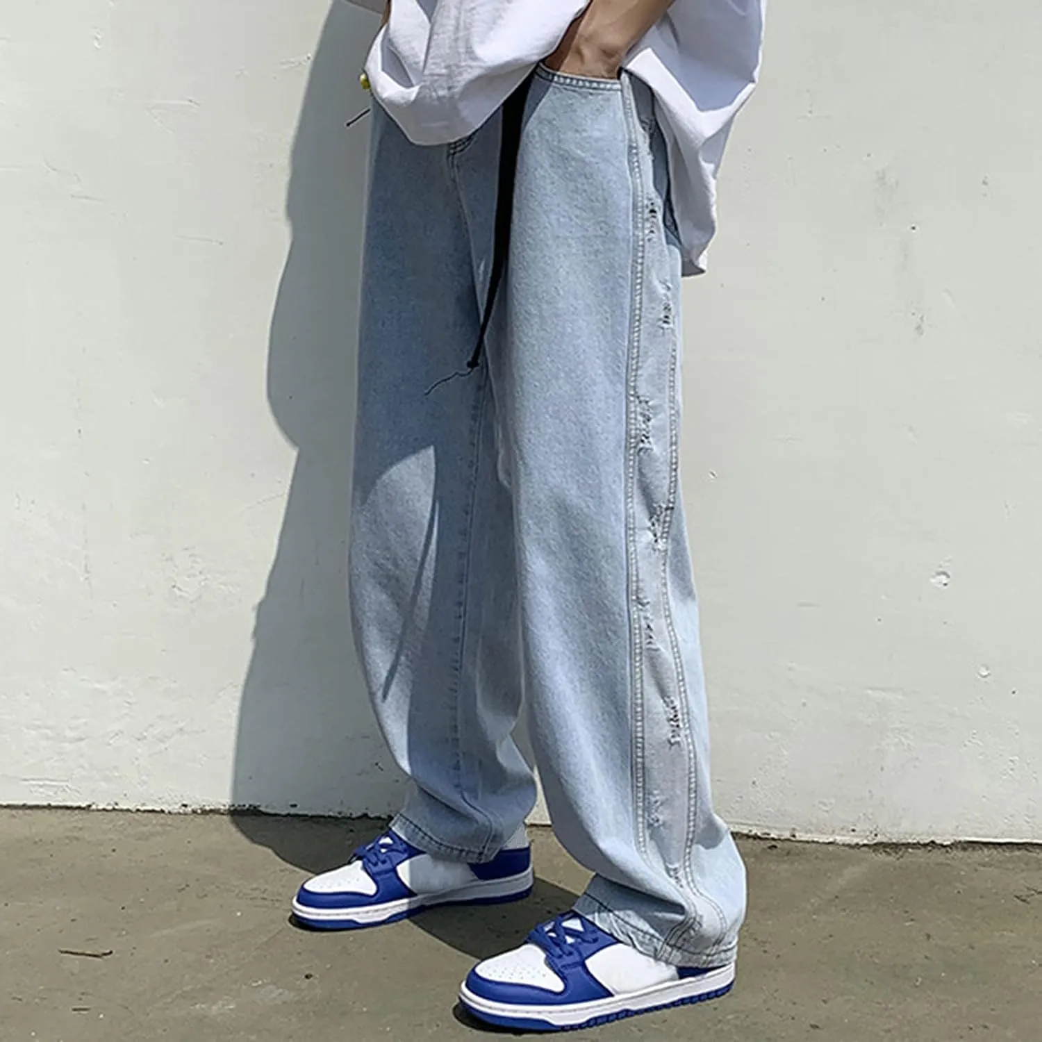 Denim Jeans for Men Relaxed Fit Straight Wide Leg Denim Pants Distressed Washed Jeans Hip Hop Trousers Streetwear