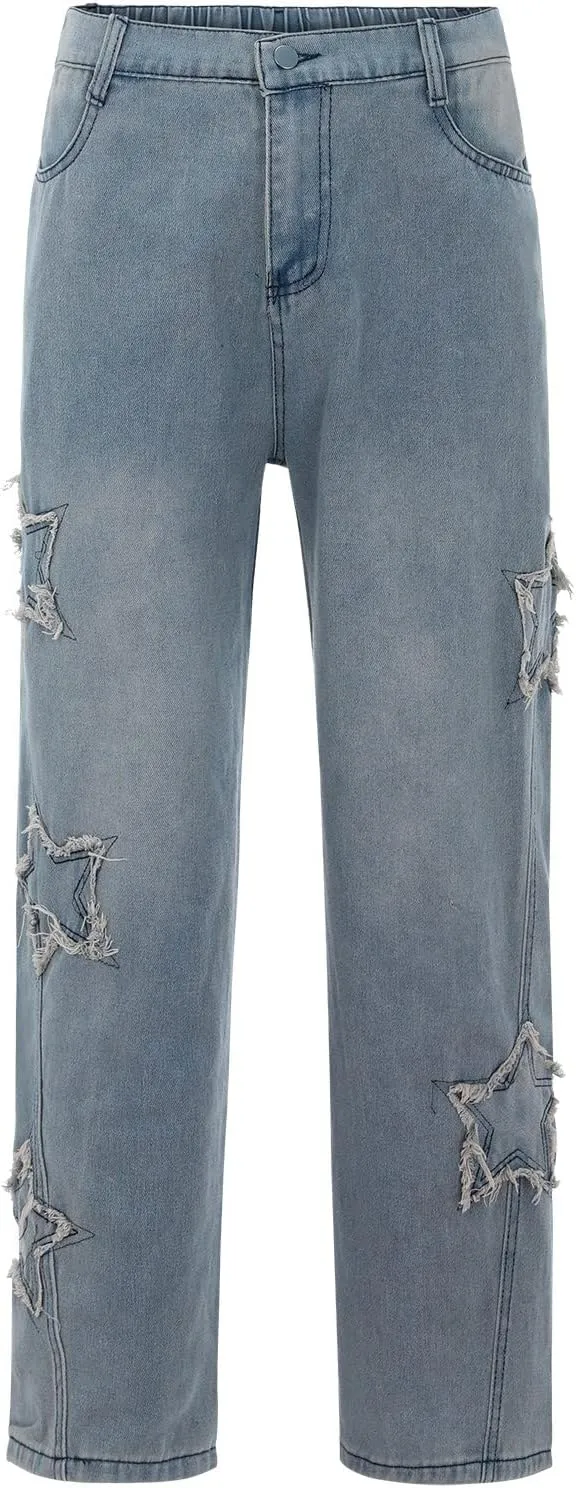 Denim Jeans for Men Relaxed Fit Straight Wide Leg Denim Pants Distressed Washed Jeans Hip Hop Trousers Streetwear