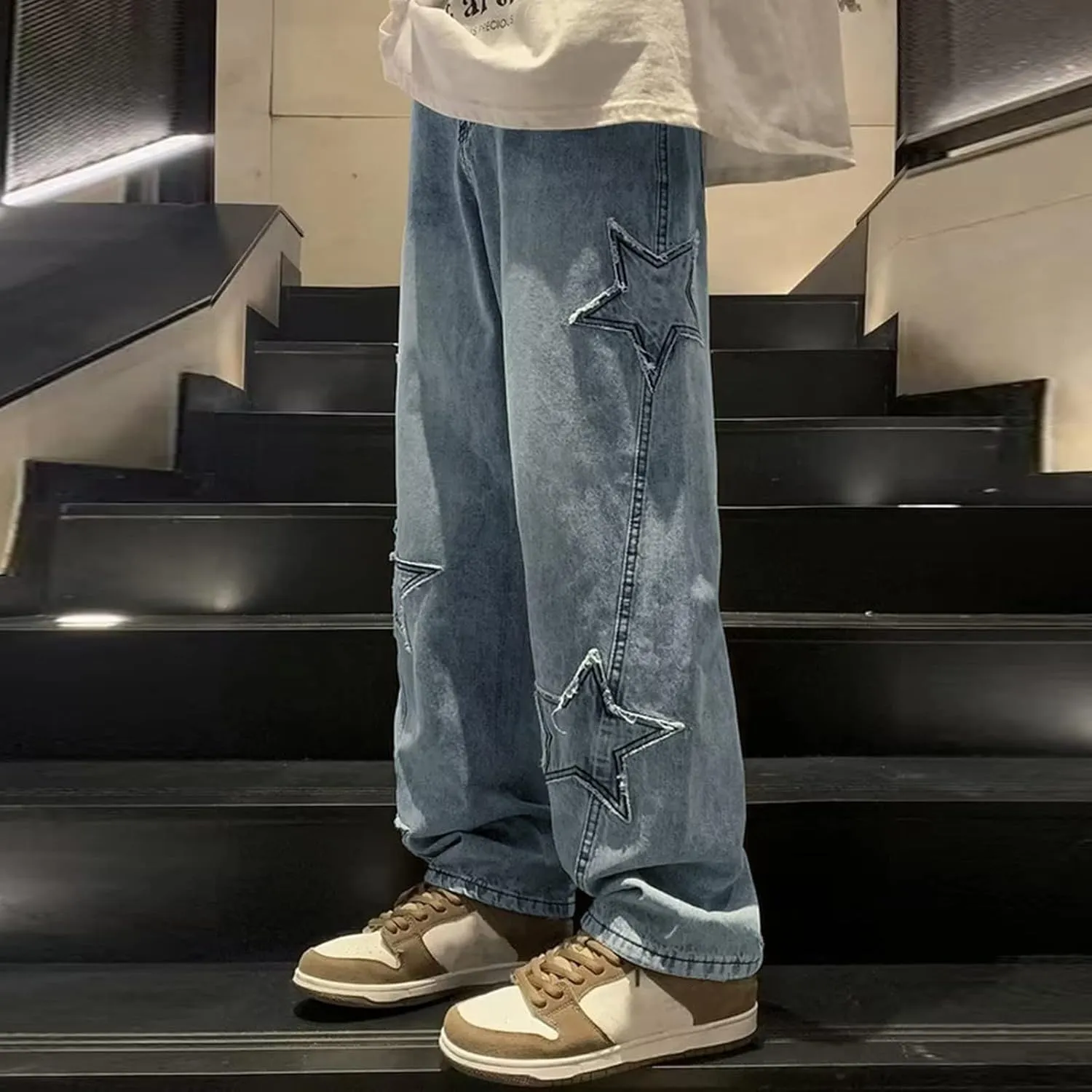 Denim Jeans for Men Relaxed Fit Straight Wide Leg Denim Pants Distressed Washed Jeans Hip Hop Trousers Streetwear
