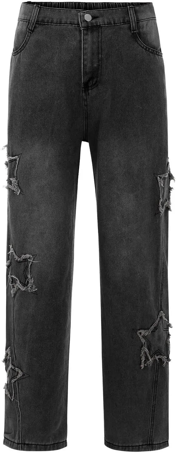 Denim Jeans for Men Relaxed Fit Straight Wide Leg Denim Pants Distressed Washed Jeans Hip Hop Trousers Streetwear