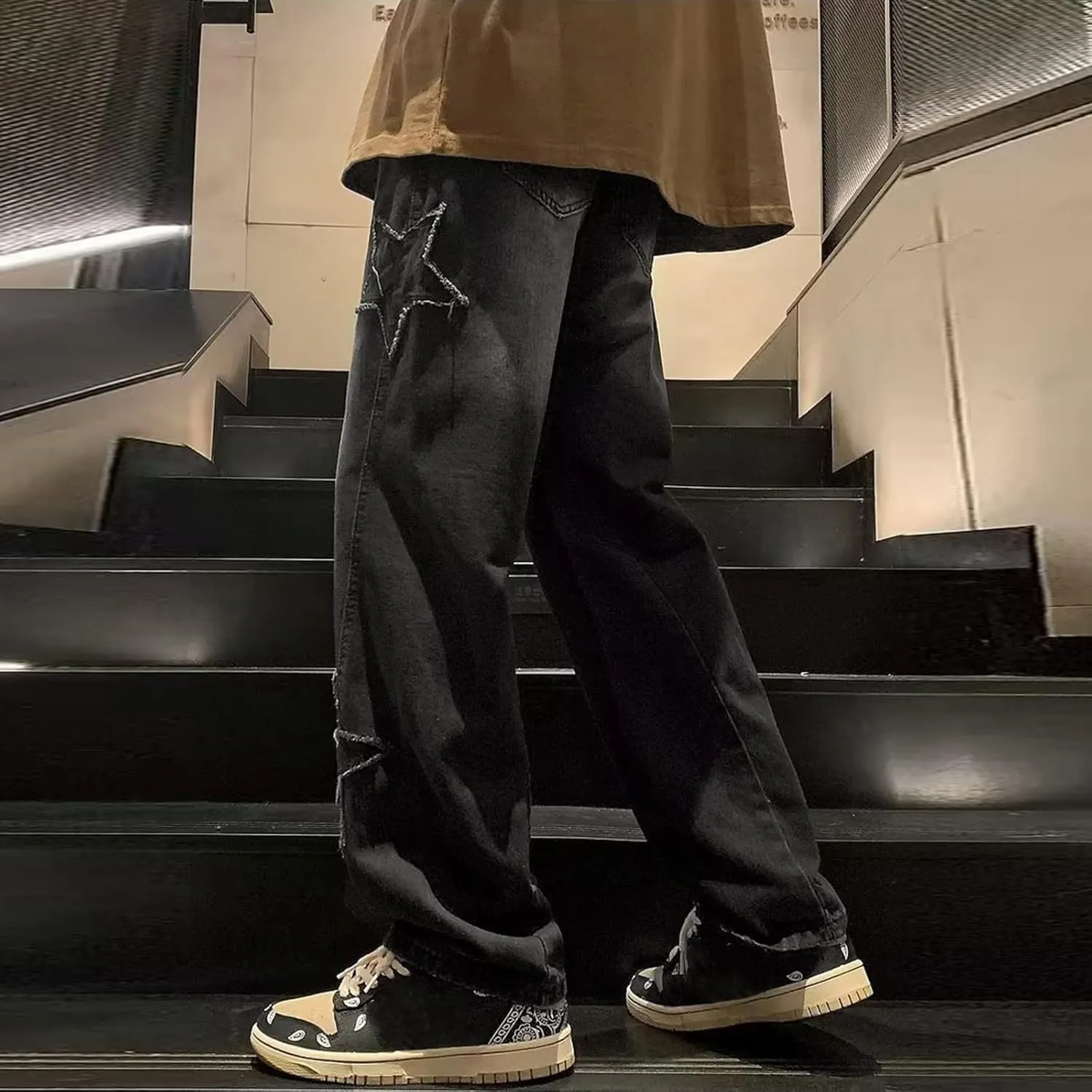 Denim Jeans for Men Relaxed Fit Straight Wide Leg Denim Pants Distressed Washed Jeans Hip Hop Trousers Streetwear