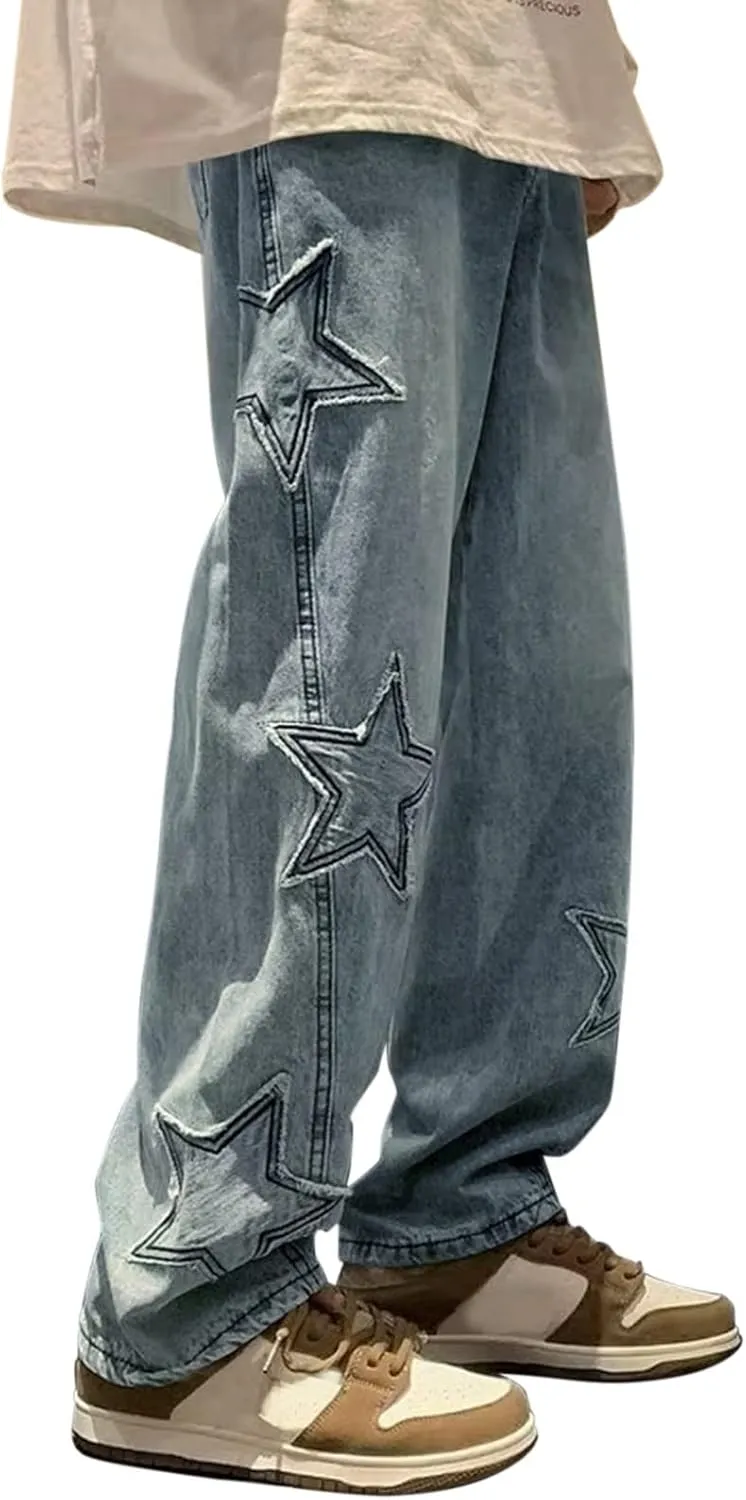 Denim Jeans for Men Relaxed Fit Straight Wide Leg Denim Pants Distressed Washed Jeans Hip Hop Trousers Streetwear