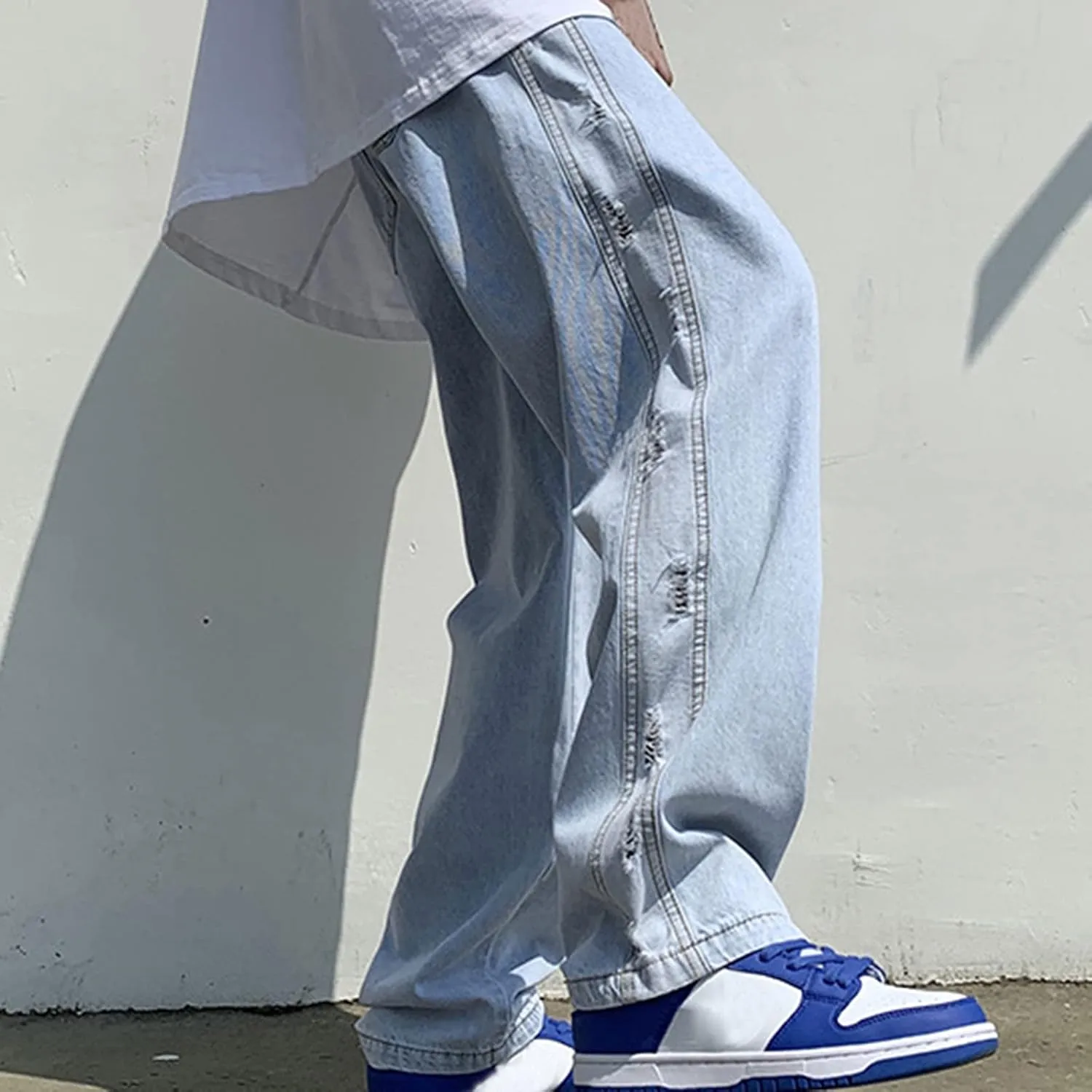 Denim Jeans for Men Relaxed Fit Straight Wide Leg Denim Pants Distressed Washed Jeans Hip Hop Trousers Streetwear