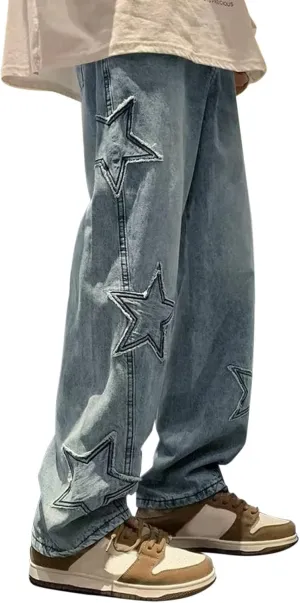 Denim Jeans for Men Relaxed Fit Straight Wide Leg Denim Pants Distressed Washed Jeans Hip Hop Trousers Streetwear