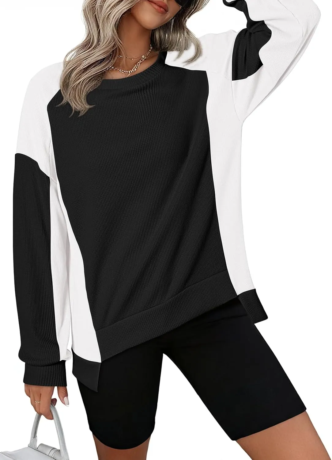 Dokotoo Oversized Sweatshirt for Women Waffle Knit Color Block Crewneck Long Sleeve Casual High Low Pullover Sweatshirts Tops