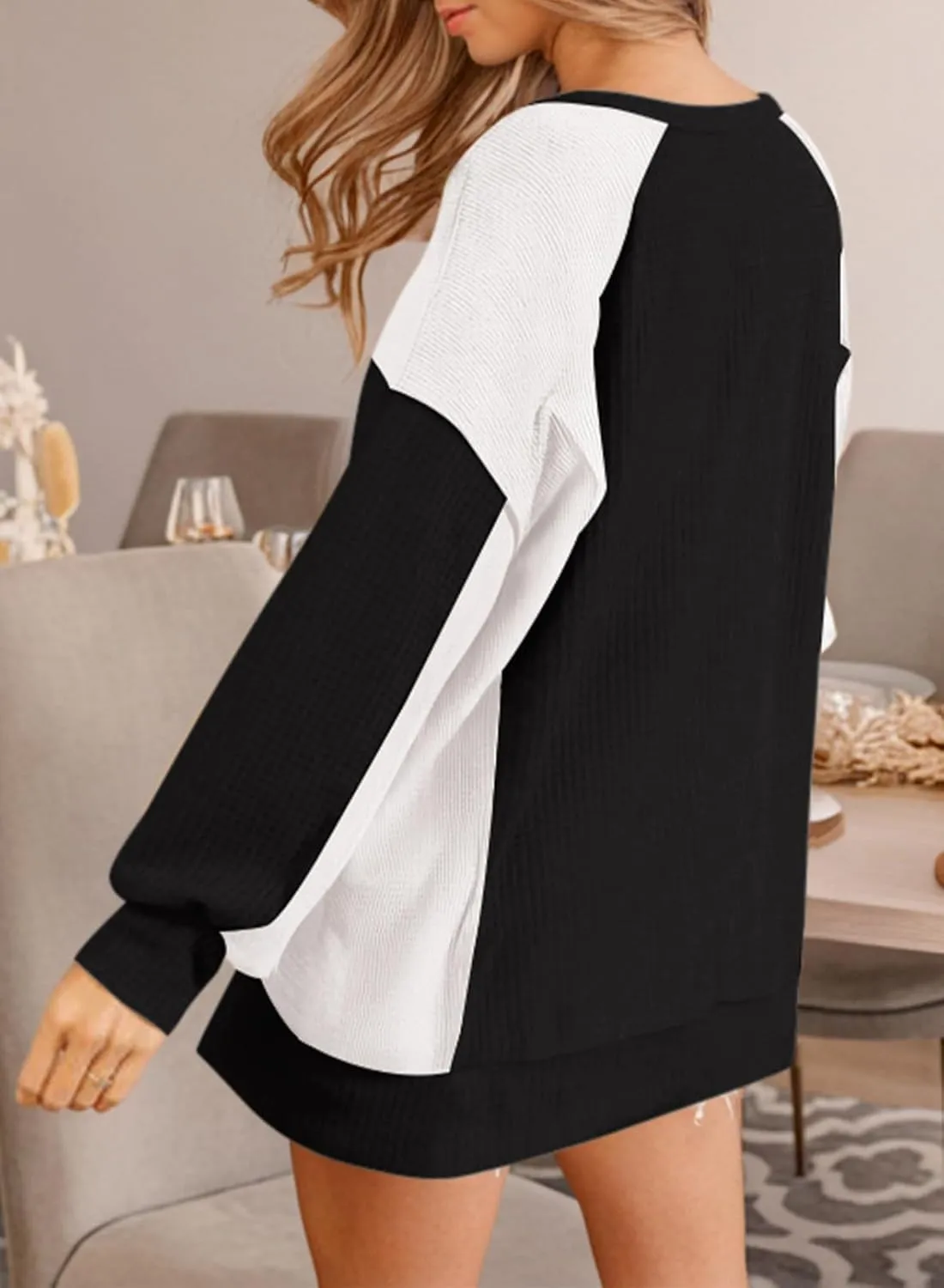 Dokotoo Oversized Sweatshirt for Women Waffle Knit Color Block Crewneck Long Sleeve Casual High Low Pullover Sweatshirts Tops