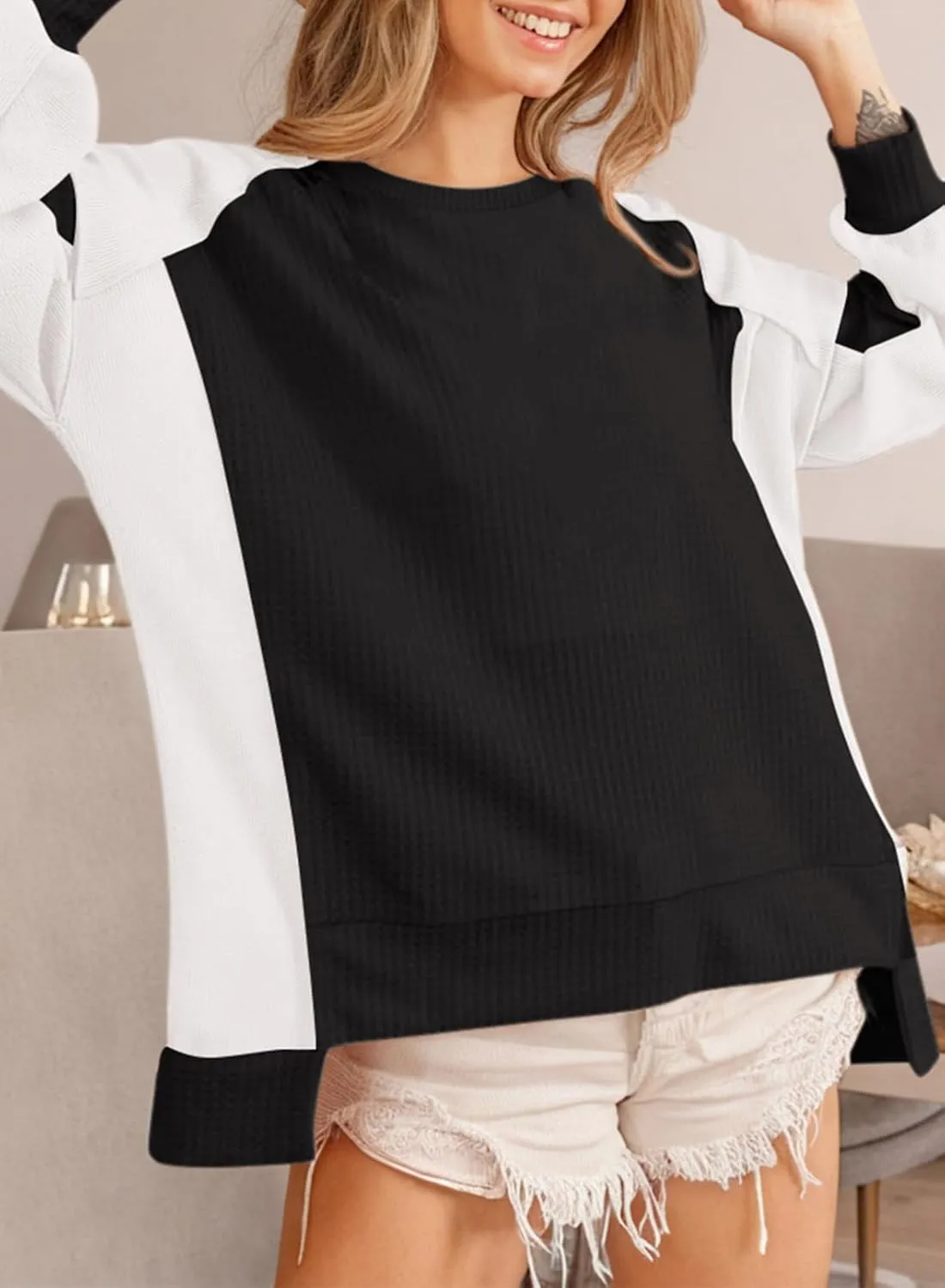 Dokotoo Oversized Sweatshirt for Women Waffle Knit Color Block Crewneck Long Sleeve Casual High Low Pullover Sweatshirts Tops