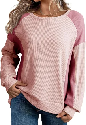 Dokotoo Oversized Sweatshirt for Women Waffle Knit Color Block Crewneck Long Sleeve Casual High Low Pullover Sweatshirts Tops