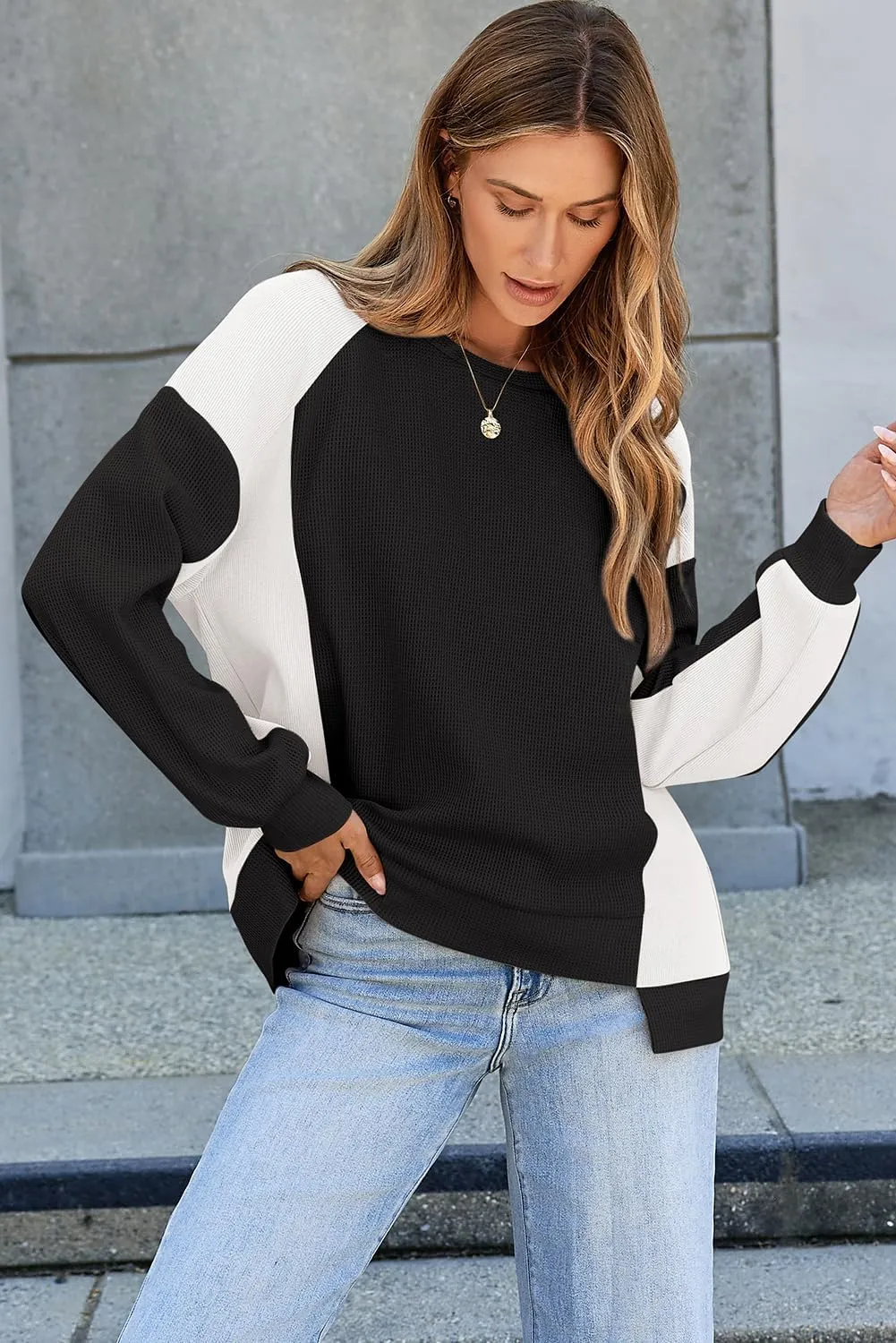 Dokotoo Oversized Sweatshirt for Women Waffle Knit Color Block Crewneck Long Sleeve Casual High Low Pullover Sweatshirts Tops